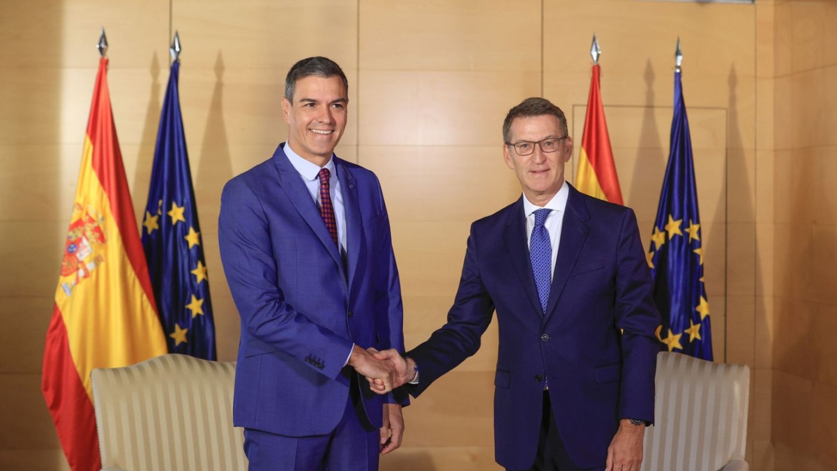 El líder del PP, Alberto Núñez Feijóo (d), y el presidente del Gobierno en funciones y secretario general del PSOE, Pedro Sánchez, al inicio de la reunión mantenida este miércoles en el Congreso