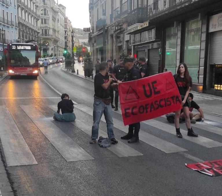 Activistas de Futuro Vegetal se pegan en el centro de Granada para denunciar la cumbre "ecofascista"