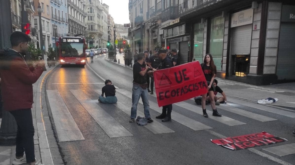 Activistas de Futuro Vegetal se pegan al asfalto en el centro de Granada.