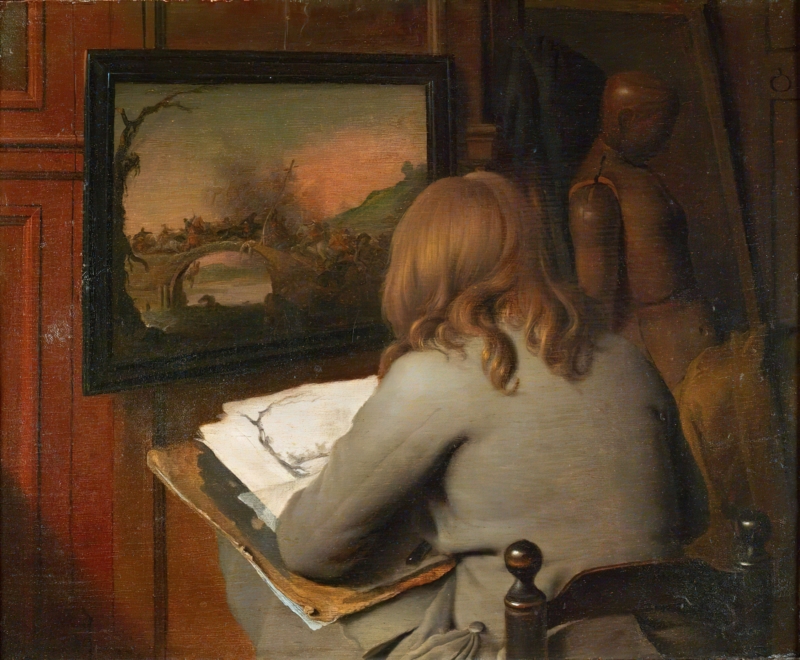 A young man copies a painting.  Vallerant Vaillant