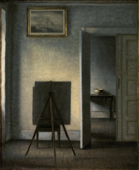     Interior with an artist's easel.  Wilhelm Hammershoi 