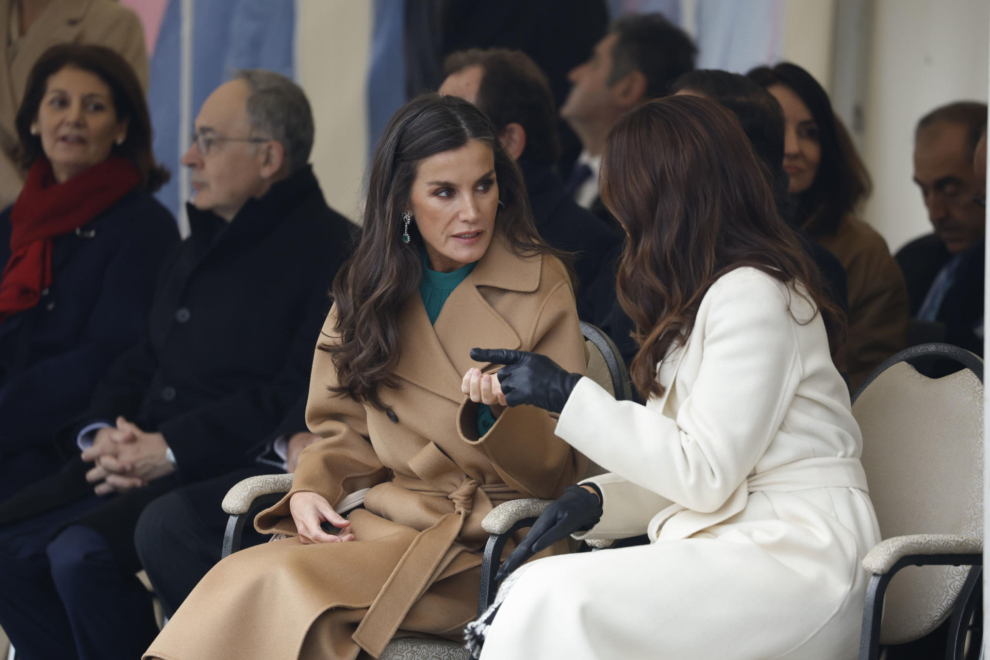 Queen Letizia speaks with Princess Mary Donaldson of Denmark during the honoring of fallen soldiers at the Citadel in Copenhagen.