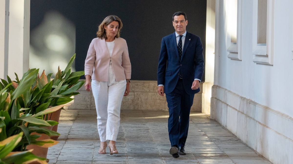 El presidente de la Junta de Andalucía, Juanma Moreno y la vicepresidenta tercera del Gobierno y ministra para la Transición Ecológica y el Reto Demográfico en funciones, Teresa Ribera.