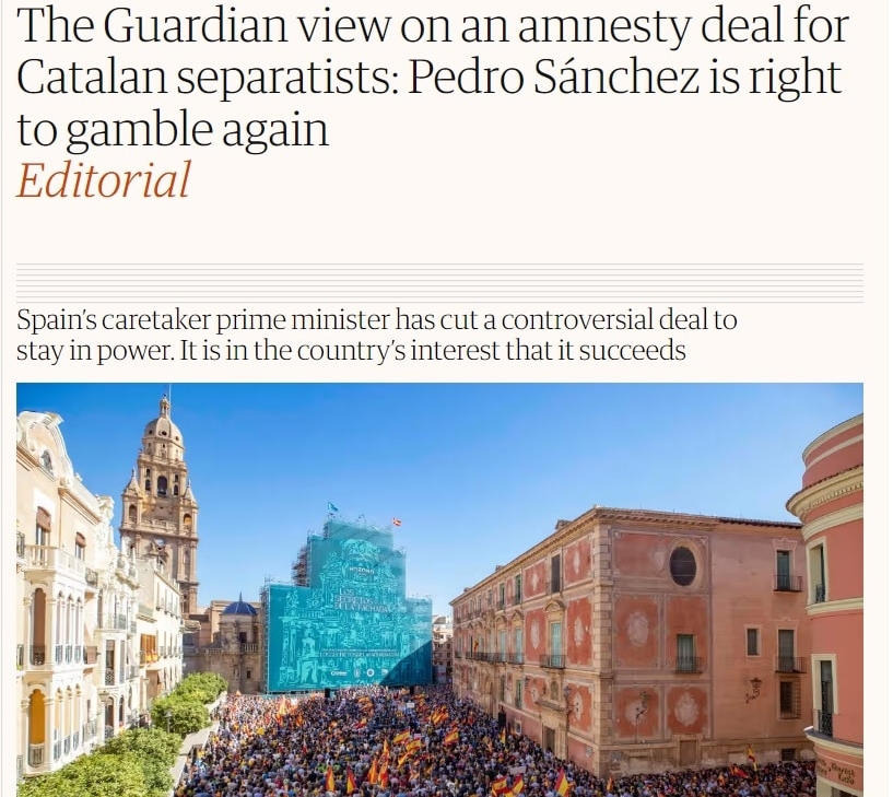 Editorial de 'The Guardian' de respaldo a la amnistía, este 14 de noviembre de 2023.