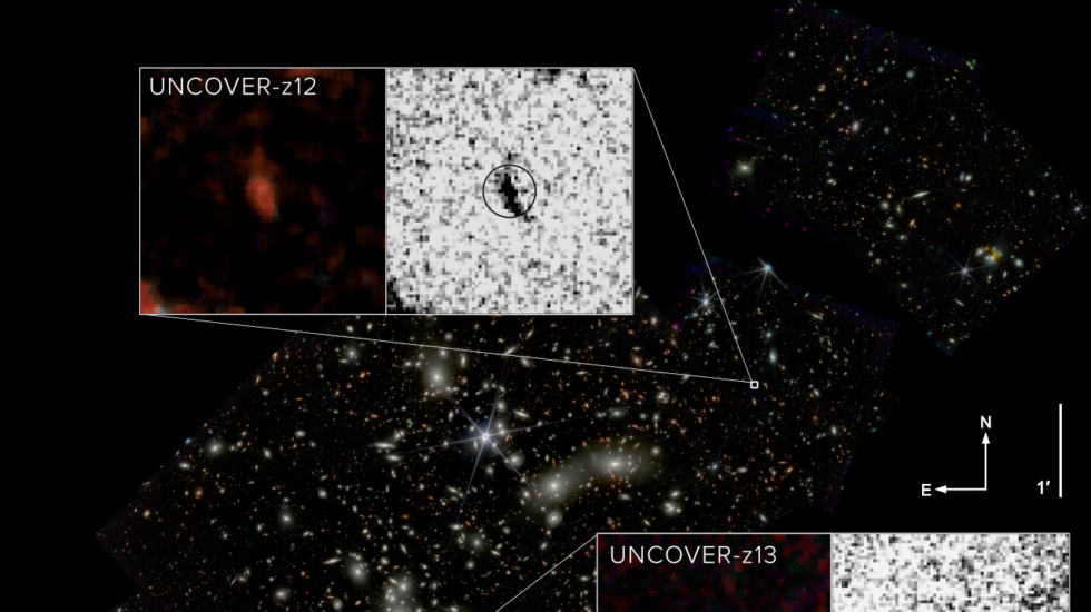La segunda y cuarta galaxias más distantes jamás vistas (UNCOVER z-13 y UNCOVER z-12), que el telescopio espacial James Webb acaba de descubrir