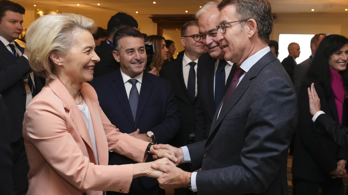 BRUSELAS, 14/12/2023.- El presidente del Partido Popular, Alberto Núñez Feijóo (d), que asiste a la Cumbre de líderes del PPE en Bruselas saluda a la presidenta de la Cmisión Europea,Ursula von der Leyen, este jueves en la capital belga. EFE/ Tarek /PP SOLO USO EDITORIAL/SOLO DISPONIBLE PARA ILUSTRAR LA NOTICIA QUE ACOMPAÑA (CRÉDITO OBLIGATORIO)