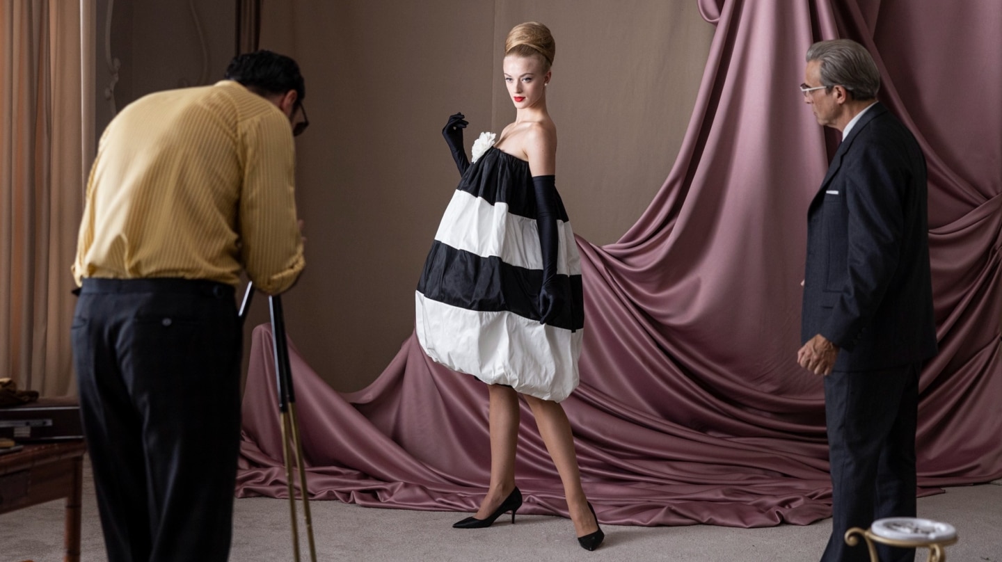 Este vestido globo confeccionado en satén de seda bicolor se puede ver en la exposición de la serie 'Cristóbal Balenciaga'