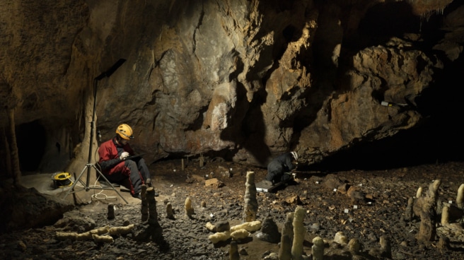 La Garma research team members Carlos García-Noriega and Rodrigo Portero take notes in Cantabria, where they discovered one of the best-preserved Paleolithic dwellings in the world.