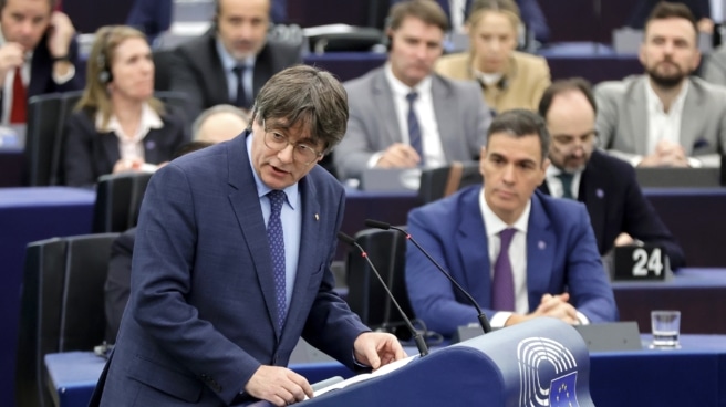 Former regional Prime Minister of Catalonia Carles Puigdemont speaks during the debate on the Review of the Spanish Presidency of the Council of Europe