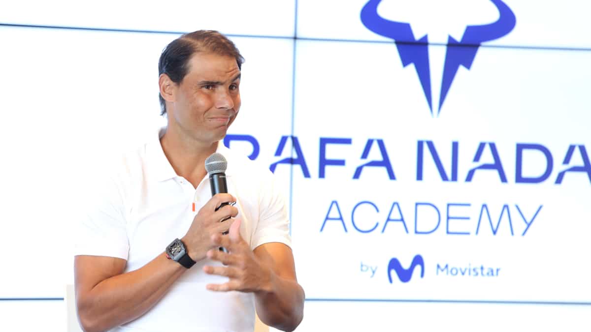 El tenista Rafael Nadal durante una rueda de prensa en la Rafa Nadal Academy by Movistar