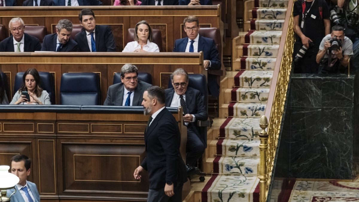 El líder de Vox, Santiago Abascal, durante la primera sesión del debate de investidura del líder del PP, en el Congreso de los Diputados