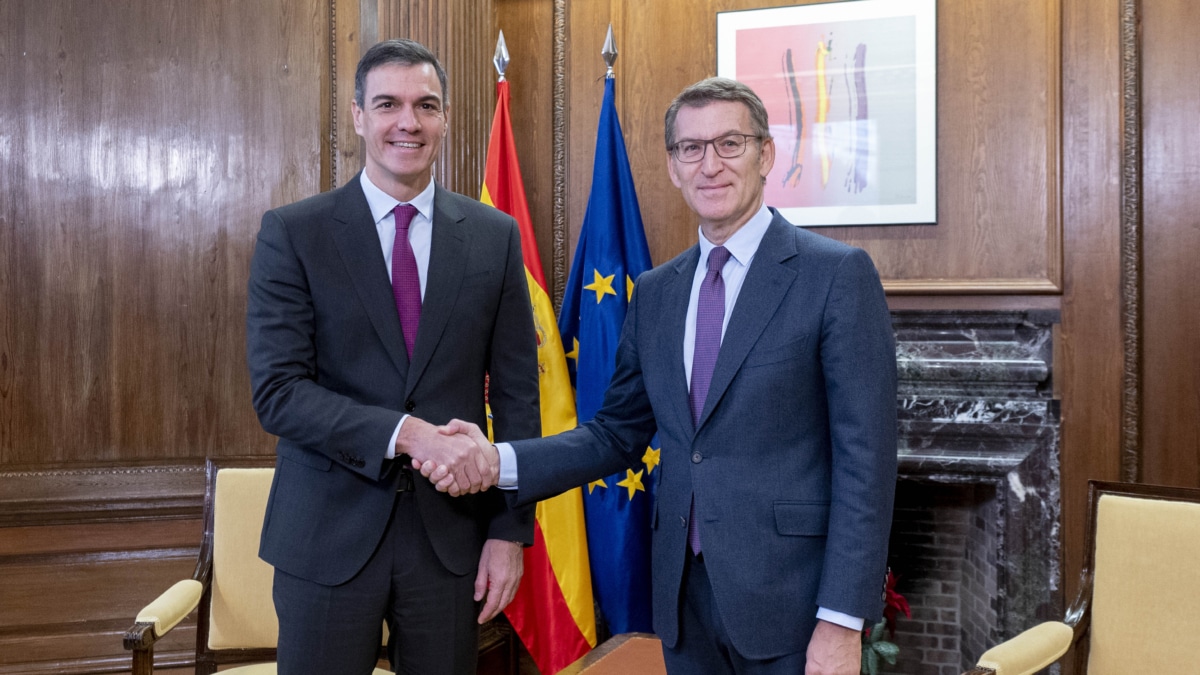 El presidente del Gobierno, Pedro Sánchez (i), y el líder del PP, Alberto Núñez Feijóo (d), se saludan durante una reunión, en el Congreso de los Diputados, a 22 de diciembre de 2023, en Madrid