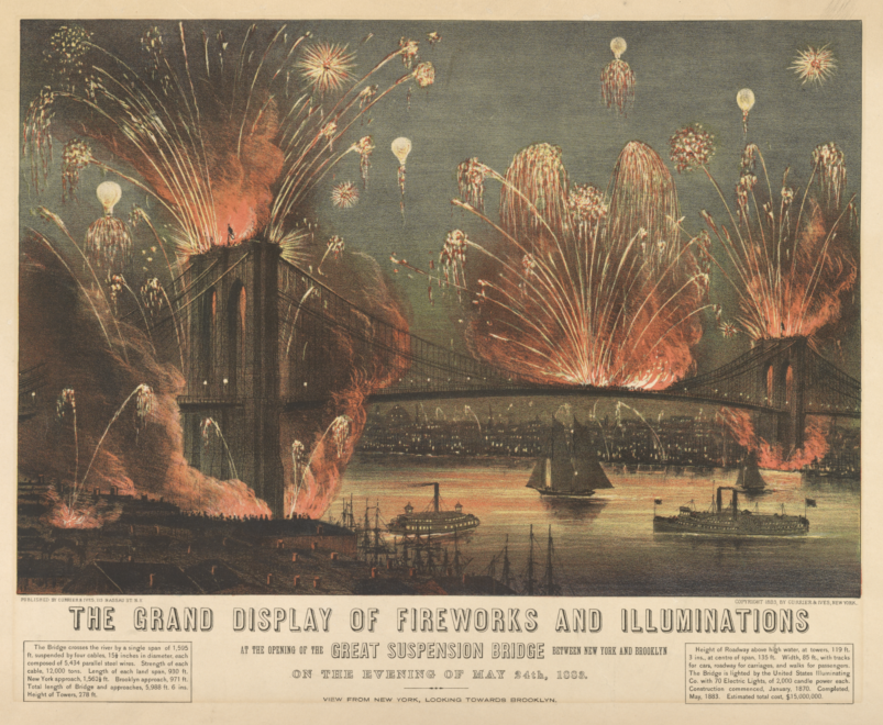 Una estampa de la época recrea el imponente festival de fuegos artificiales realizado para la inauguración del puente de Brooklyn.