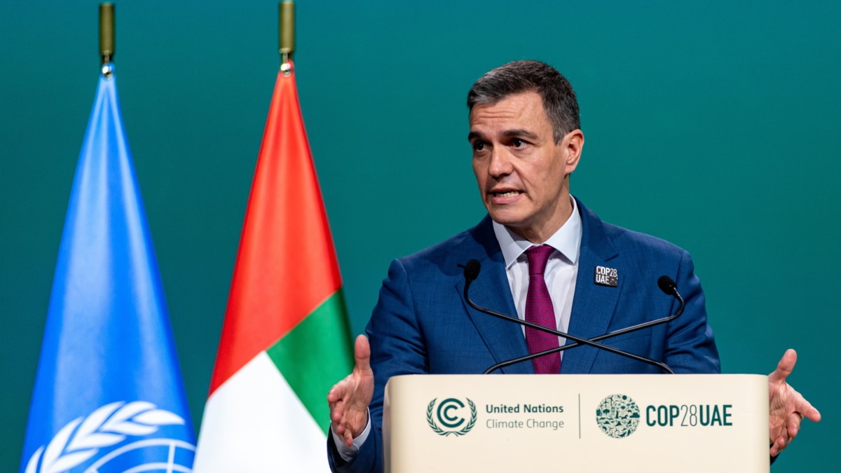 El primer Ministro español, Pedro Sánchez, habla durante la Conferencia de las Naciones Unidas sobre el Cambio Climático COP28