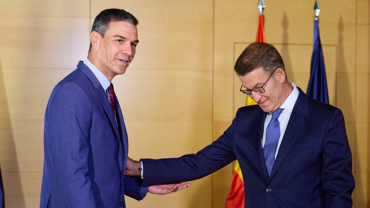 El presidente del Gobierno en funciones y líder del PSOE, Pedro Sánchez (i) y el presidente del PP, Alberto Núñez Feijóo (d), se saludan a su llegada a una reunión en el Congreso de los Diputados