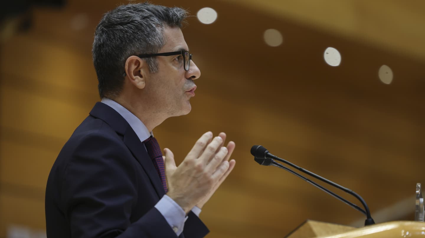 MADRID, 16/01/2024.- El ministro de la Presidencia, Justicia y Relaciones con las Cortes, Félix Bolaños, interviene en el pleno del Congreso que debate la toma en consideración de la iniciativa impulsada por el PP y el PSOE para reformar el artículo 49 de la Constitución y eliminar el término "disminuidos", este martes. Un pleno que se celebra físicamente en la sede del Senado, donde se han trasladado los diputados debido a las obras en el Congreso. EFE/ Kiko Huesca