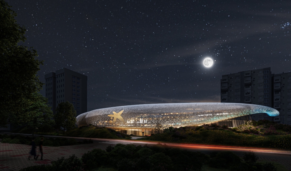 Render nuevo CaixaForum Málaga. Vista nocturna.