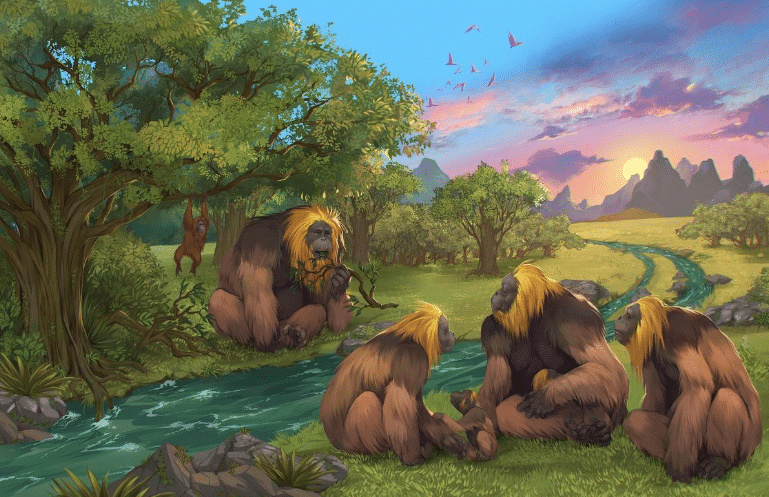 Representación artística de varios ejemplares de Gigantopithecus blacki en su hábitat natural