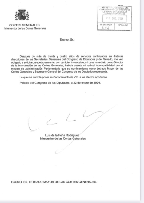 Carta de dimisión del Interventor de las Cortes Generales