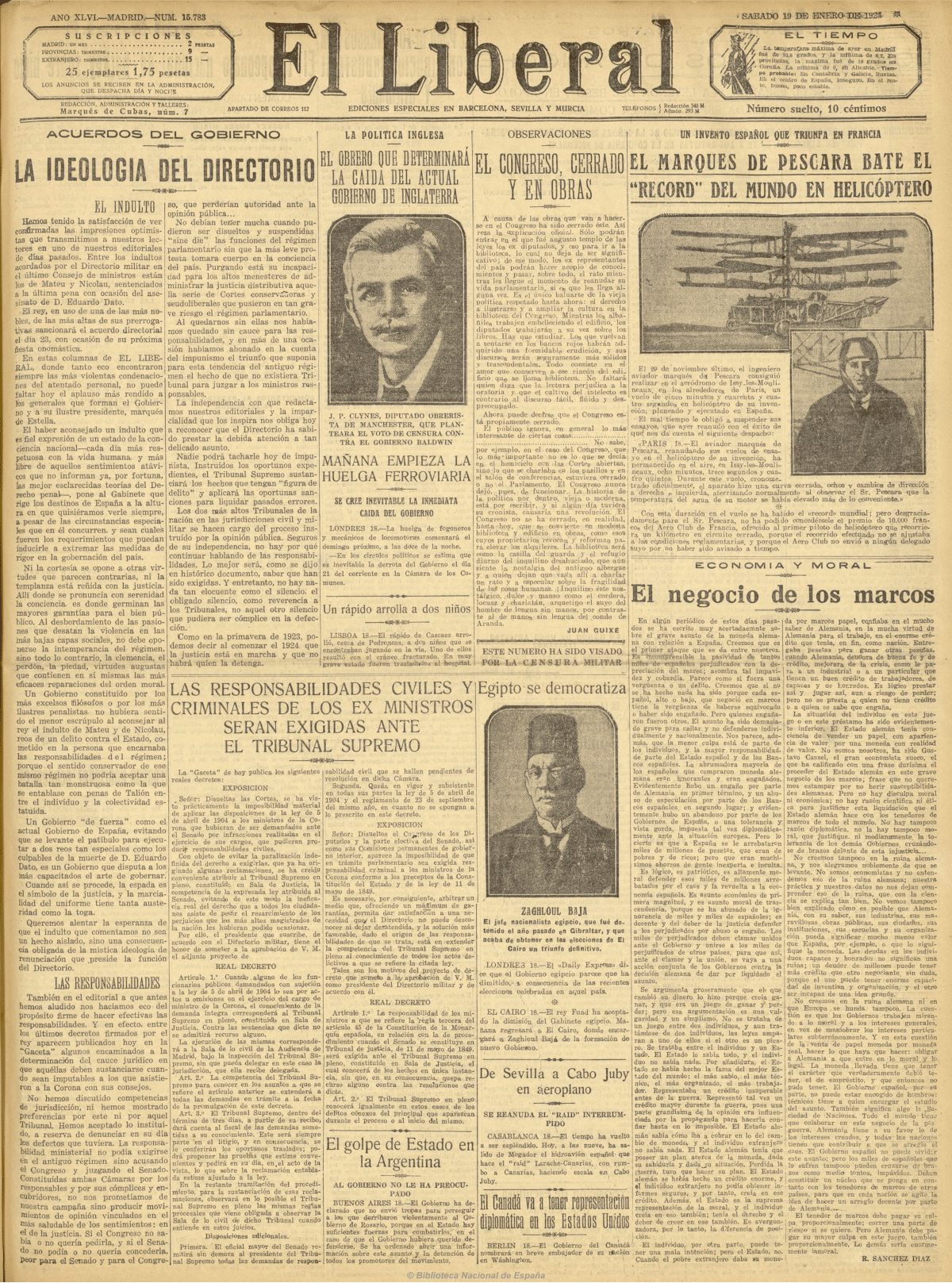 Portada de 'El Liberal' del 19 de enero de 1924, donde se da noticia de los indultos que conmutaban las penas de muerte de los asesinos de Dato.
