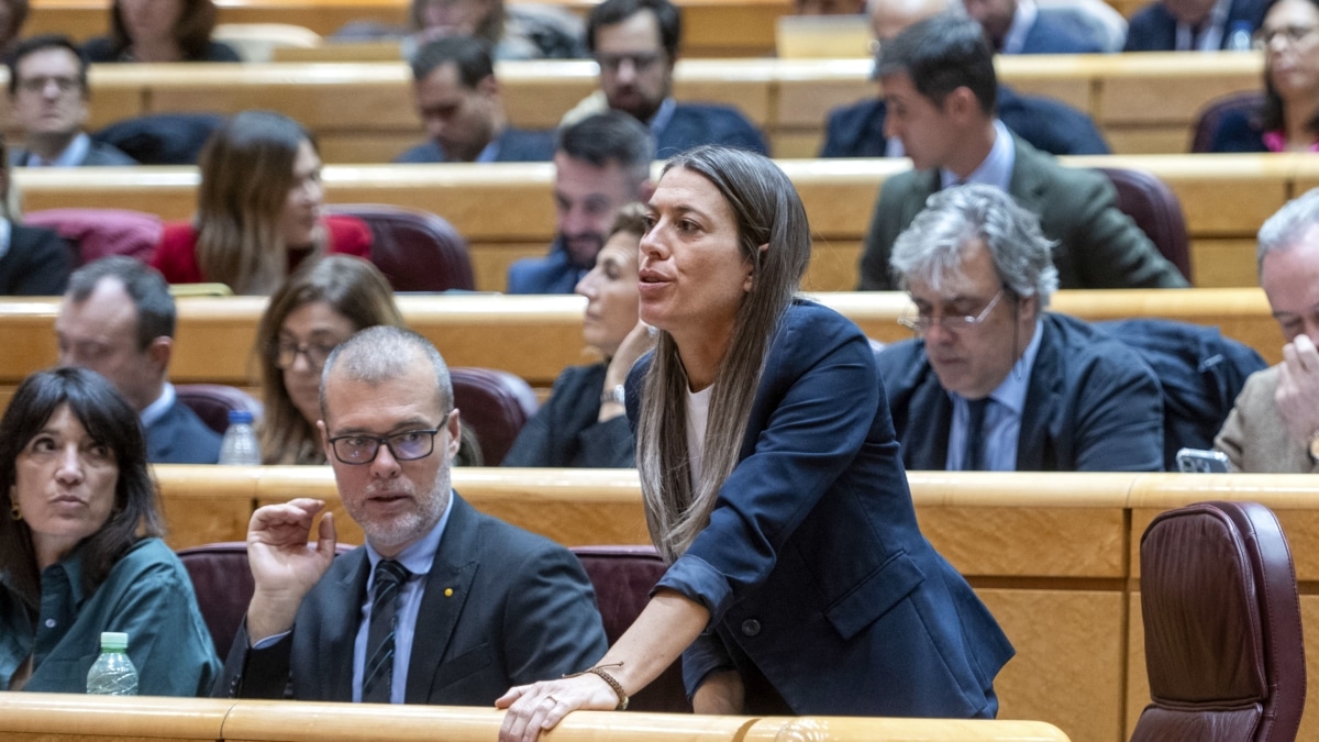 La diputada de Junts per Catalunya Míriam Nogueras (d) vota en el pleno del Congreso, reunido excepcionalmente en el Senado, que debate la convalidación de tres decretos del Gobierno con medidas para amortiguar la crisis.