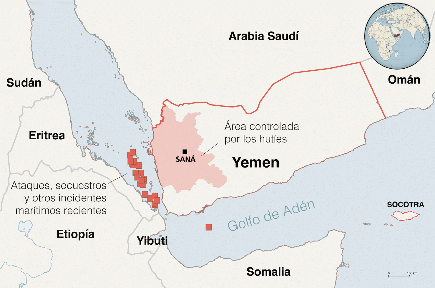 Área controlada por los hutíes y últimos ataques marítimos.