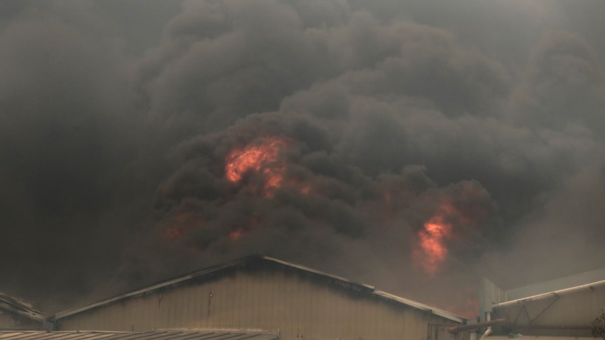 Fotografía que muestra un incendio en zona industrial durante los incendios forestales que afectan Región de Valparaiso (Chile).