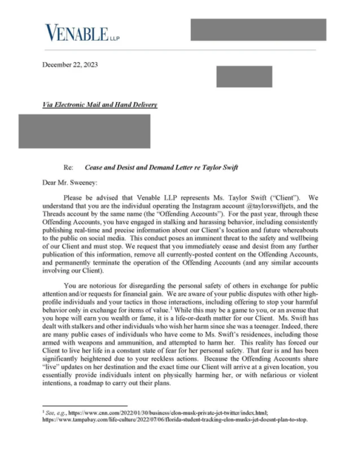 La carta que el equipo legal de Taylor Swift le ha hecho llegar a Jack Sweeney con motivo de la información que publica sobre sus jets privados.