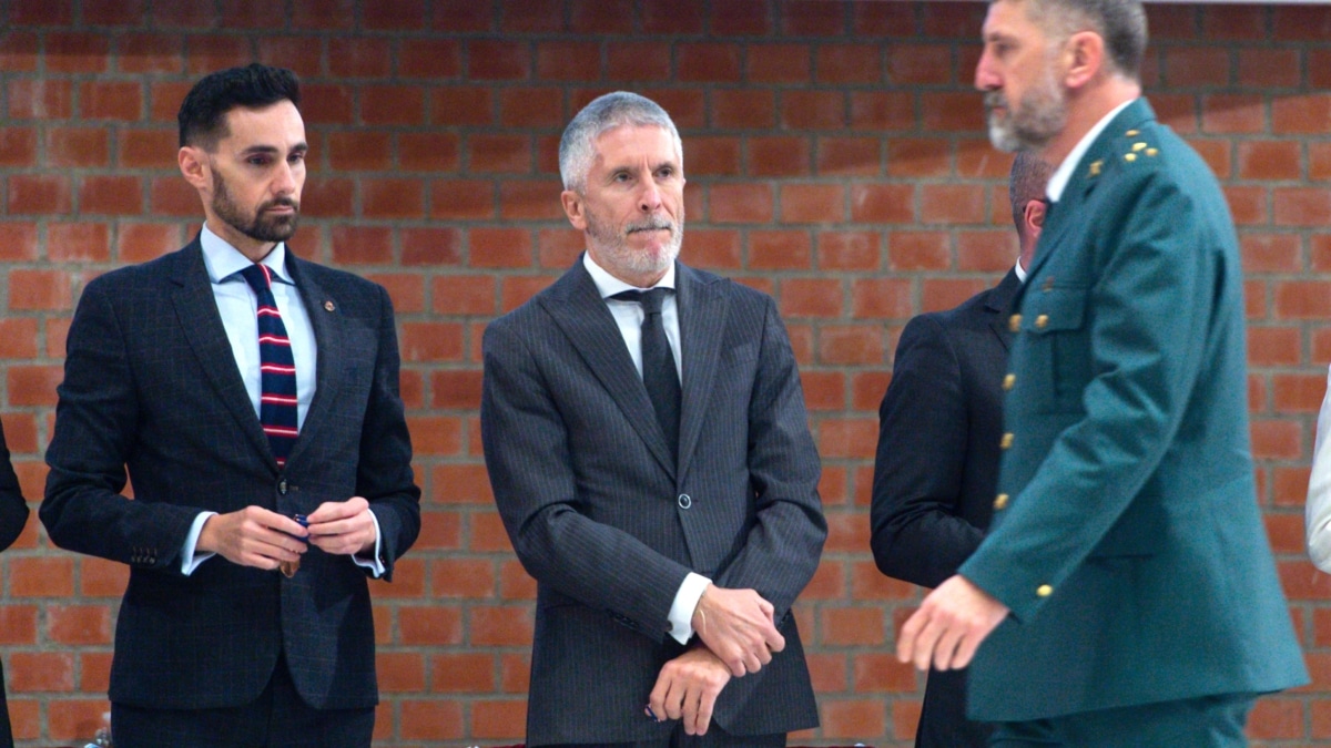 El secretario de Estado de Seguridad, Rafael Pérez (1i), y el ministro del Interior, Fernando Grande-Marlaska (c), durante el acto de entrega de medallas al Mérito de Protección Civil, en la escuela Nacional de Protección Civil