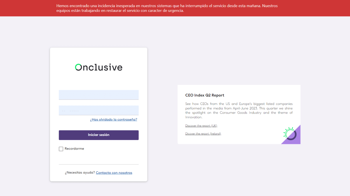 Pantalla de inicio de sesión en Onclusive.