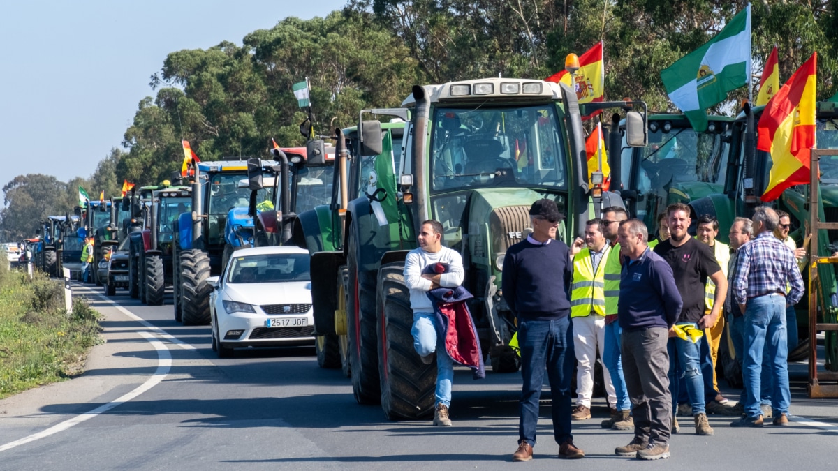 Una caravana de más de un centenar de tractores bloquea la carretera A-5000 que han recorrido desde esta mañana parte de la provincia de Huelva