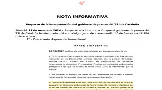 LALIGA ratifica que el auto obliga a los operadores a identificar a los usuarios que accedan al contenido ilegal que difunden terceros