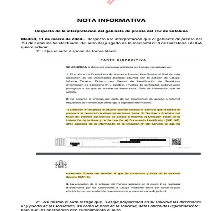 LALIGA ratifica que el auto obliga a los operadores a identificar a los usuarios que accedan al contenido ilegal que difunden terceros