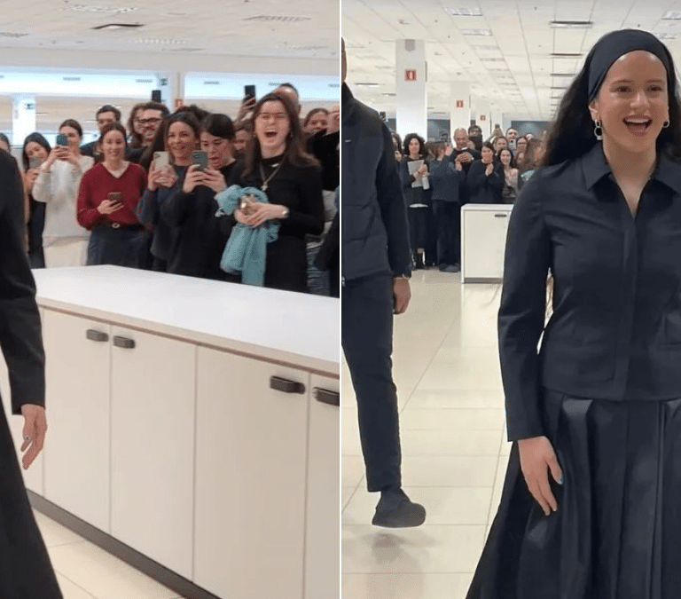 Rosalía arrasa en las oficinas de Inditex: en patinete, entre vítores y haciéndose selfies con todos