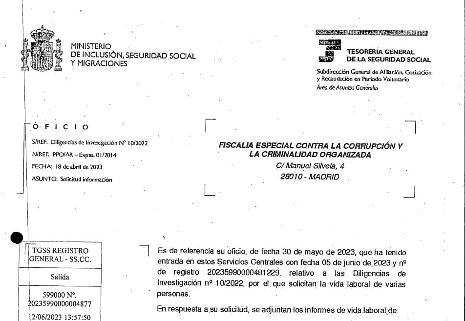 Carta remitida desde el Ministerio de Seguridad Social que dirige José Luis Escrivá a la Fiscalía Anticorrupción por el 'caso Koldo'