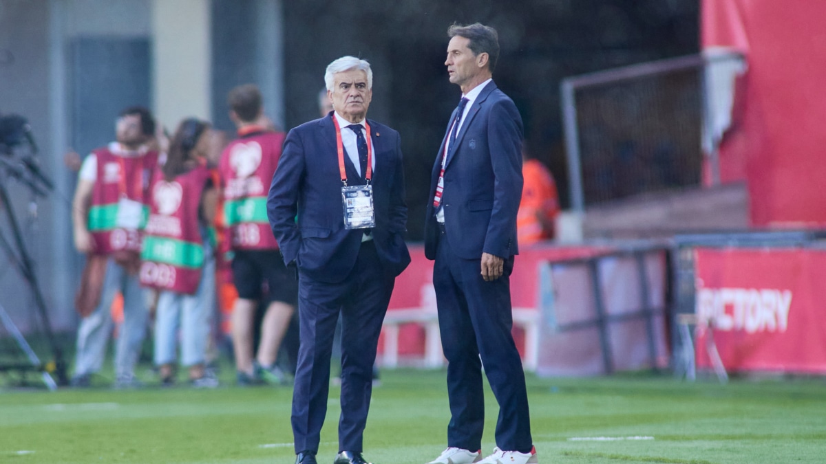 El presidente de la Gestora al cargo de la RFEF, Pedro Rocha, en el Estadio de La Cartuja