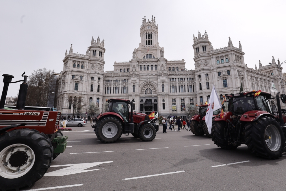 Agricultores y ganaderos participan en una tractorada de protesta en Madrid este domingo. 