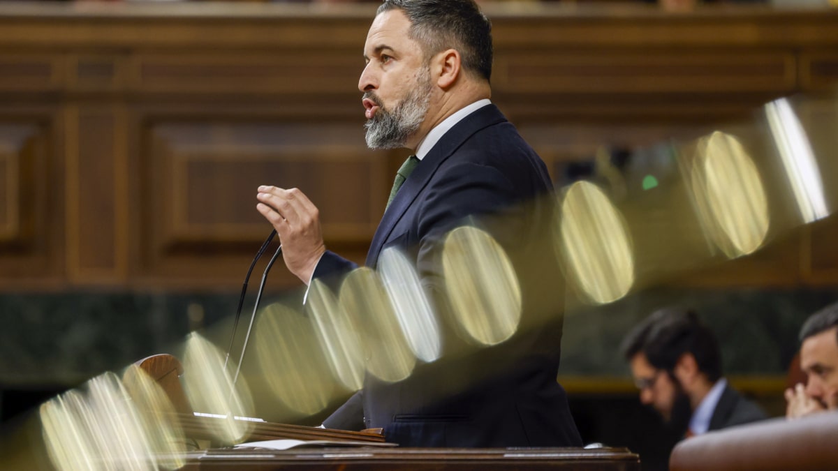 El líder de Vox, Santiago Abascal, interviene tras la comparecencia del presidente del Gobierno, Pedro Sánchez, éste miércoles en el Congreso