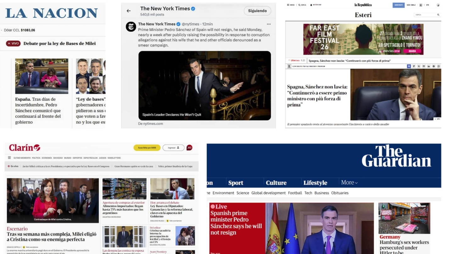 MADRID, 29/04/2024.- La prensa internacional se ha hecho eco en sus ediciones digitales y redes sociales del anuncio del presidente del Gobierno español, Pedro Sánchez, de continuar al frente del Gobierno, este lunes. EFE/ -