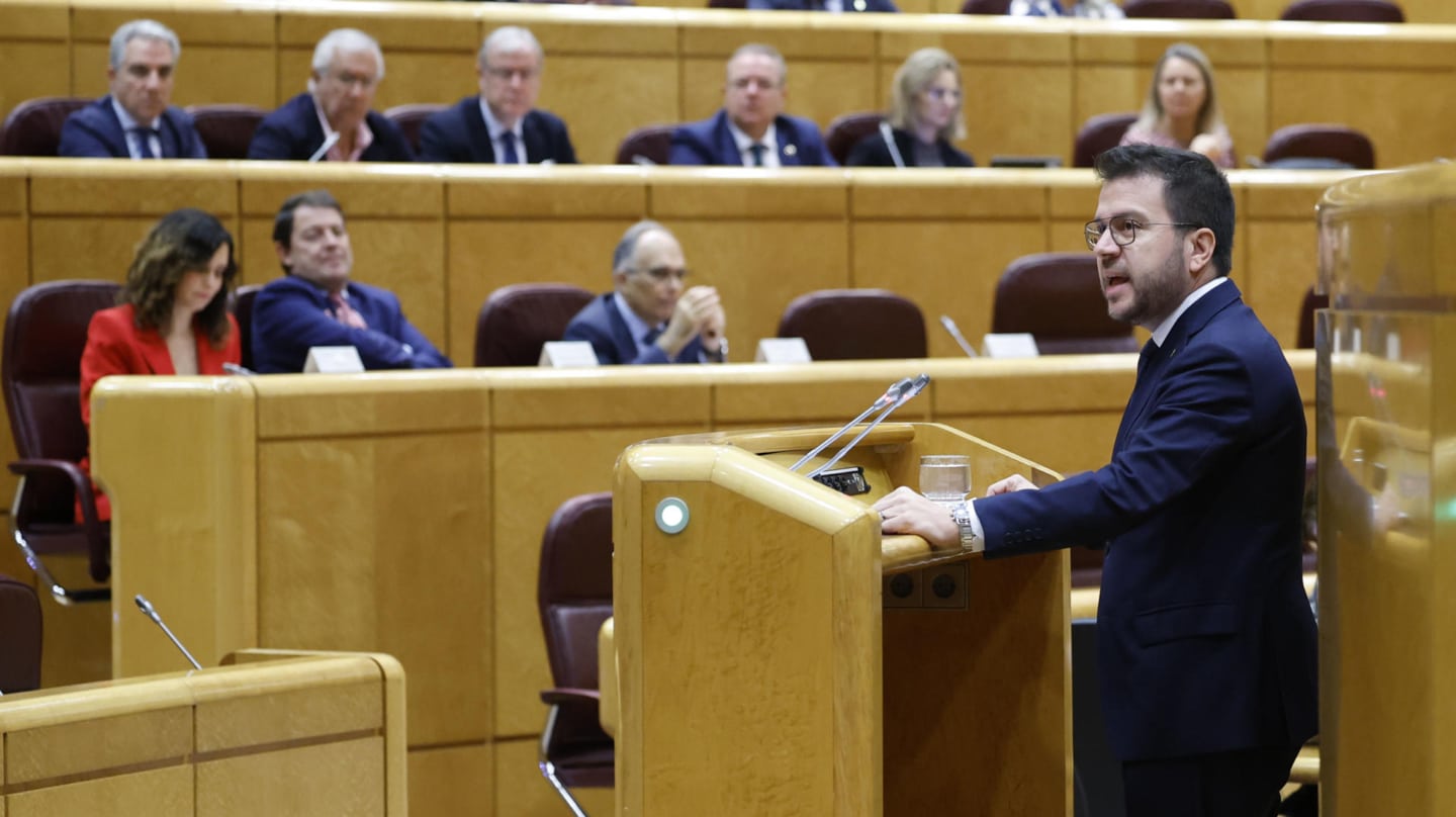 El presidente de la Generalitat, Pere Aragonès, interviene en la sesión de la Comisión General de Comunidades Autónomas, celebrada este 8 de abril de 2024 en el Senado.