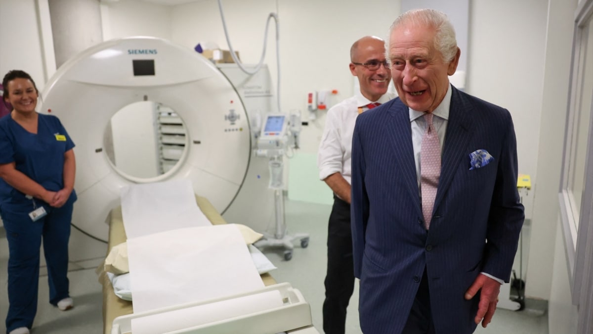 King Charles III visits a scanner at the Macmillan University College Cancer Center in London.
