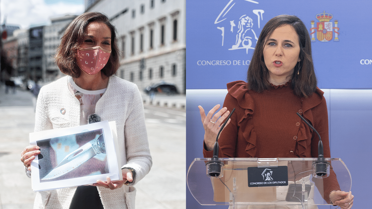 La exministra de Industria, Consumo y Turismo Reyes Maroto y la líder de Podemos, Ione Belarra