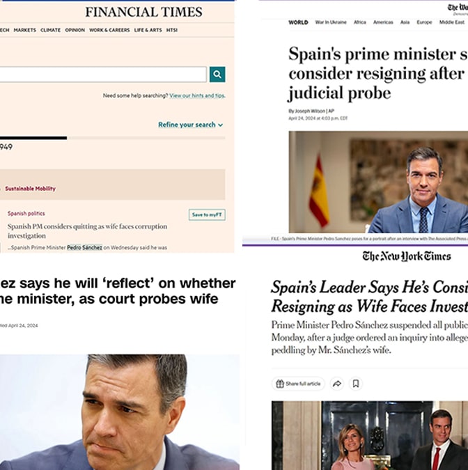 La prensa internacional liga la dimisión de Sánchez a la posible corrupción de Begoña Gómez