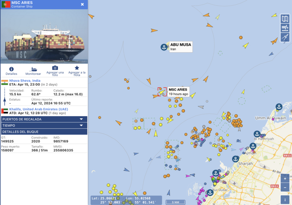 Localización del MSC Aries antes de su abordaje al borde de aguas territoriales iraníes en el golfo Pérsico.