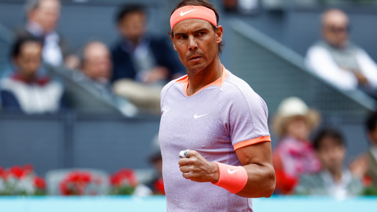 Rafael Nadal celebra un punto en su estreno en el Mutua Madrid Open 2024