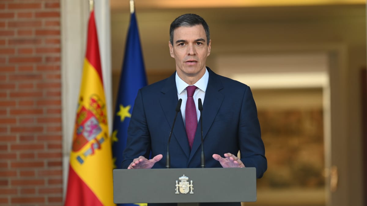 El presidente del Gobierno, Pedro Sánchez, durante su comparecencia institucional en La Moncloa