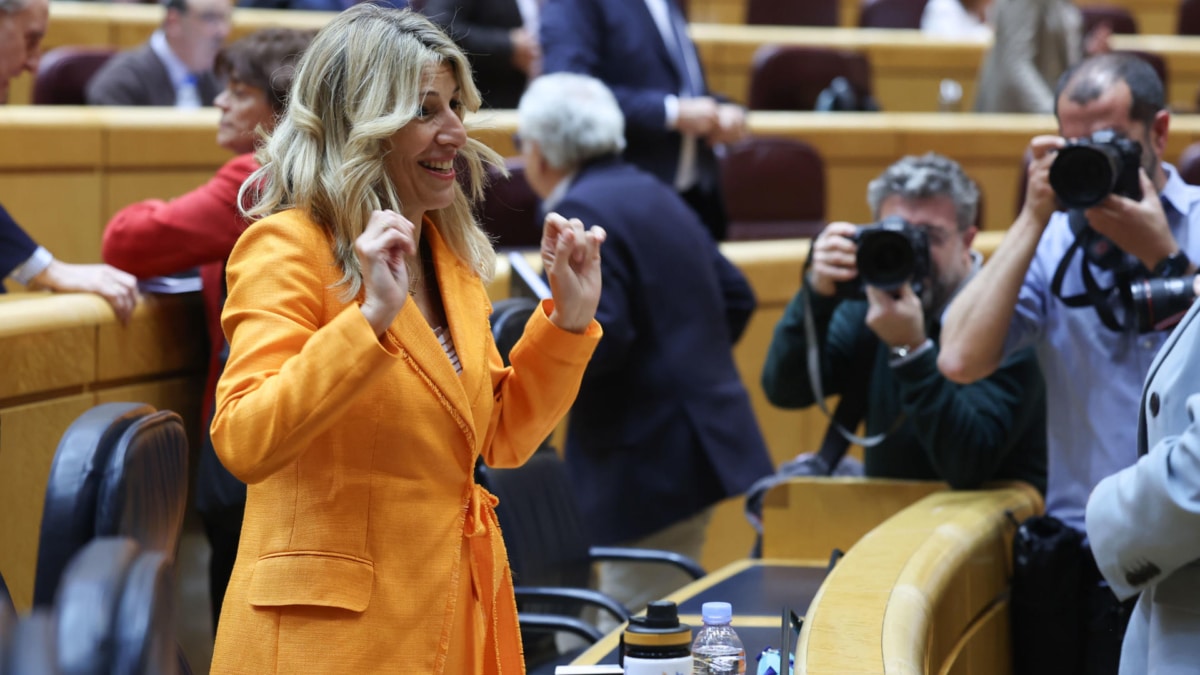 La vicepresidenta segunda del Gobierno y ministra de Trabajo y Economía Social, Yolanda Díaz, participa este martes, en la sesión de control al Gobierno del Senado, en Madrid.