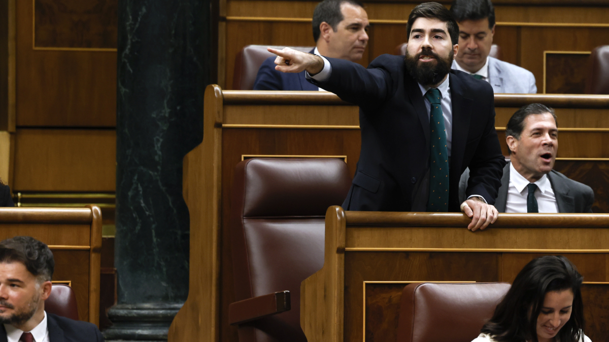MADRID, 30/05/2024.- El diputado de VOX Manuel Mariscal Zabala (d) reacciona tras la intervención del diputado de Sumar Gerardo Pisarello durante el pleno del Congreso que aprueba definitivamente la ley de amnistía, promovida por el Gobierno con el apoyo de sus socios, tras seis meses de tramitación en las Cortes. EFE/ JJ Guillen