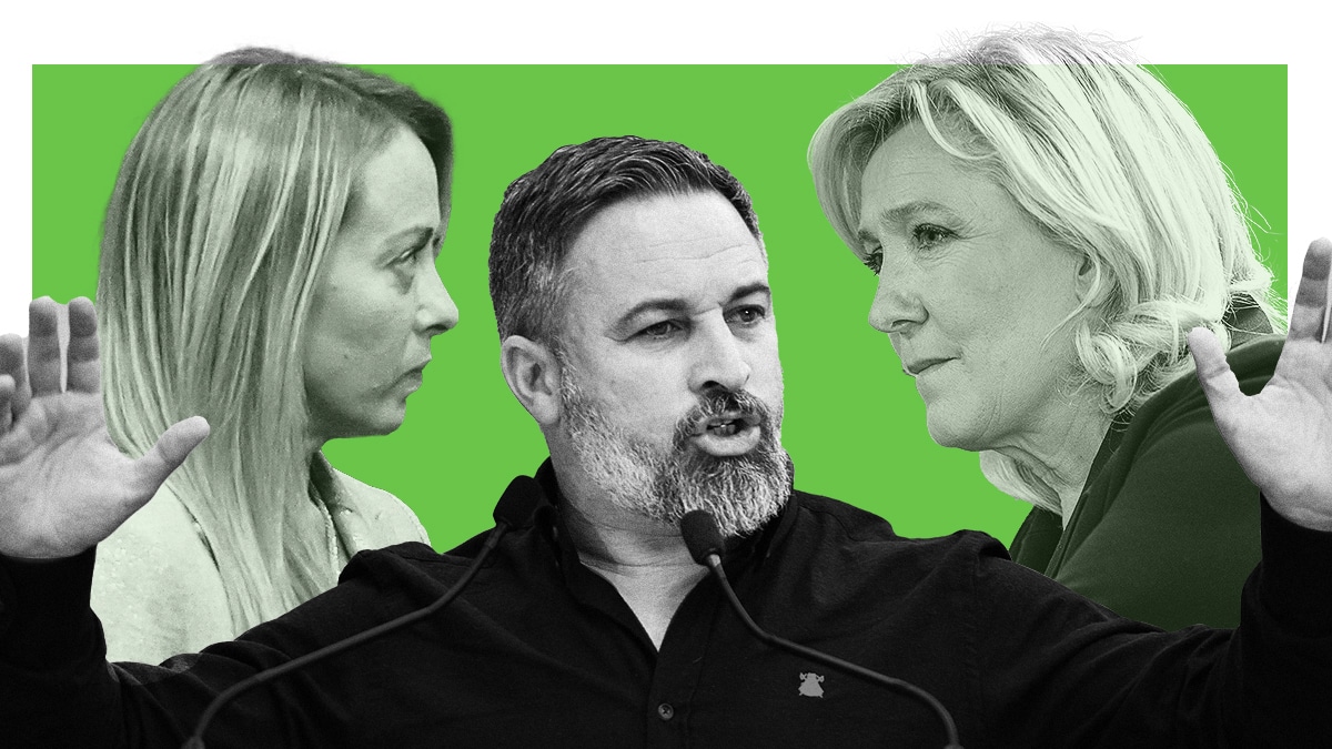La premier italiana, Giorgia Meloni (i), el presidente de Vox, Santiago Abascal, y la líder de la Reagrupación Nacional francesa, Marine Le Pen (d)