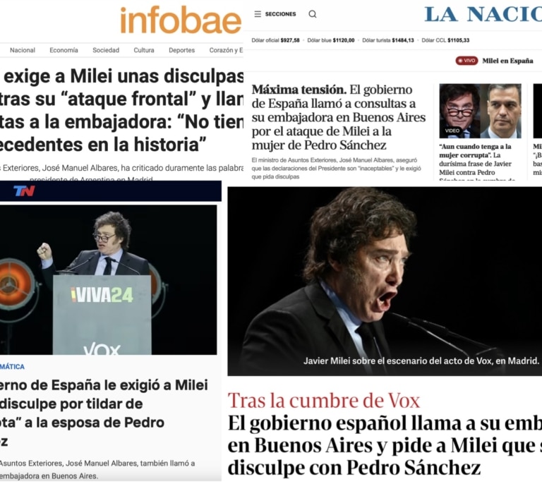 Los medios argentinos reaccionan a la llamada a consultas de España a la embajadora tras el ataque de Milei a Sánchez